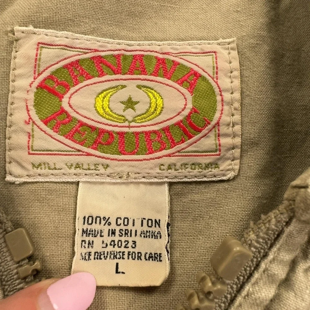 Vintage Banana Republic Vest Mens‎ Large Beige Canvas Hooded Utility Safari